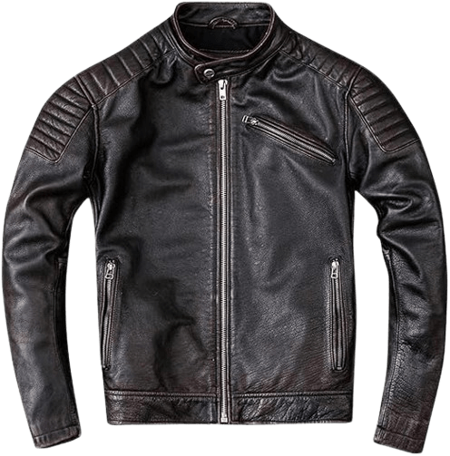 Men’s Vintage Distressed Black Leather Café Racer Motorcycle Jacket with Padded Shoulders