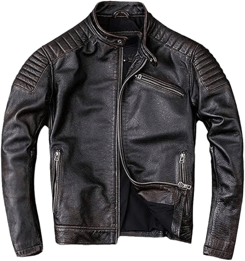 Men’s Vintage Distressed Black Leather Café Racer Motorcycle Jacket with Padded Shoulders - Image 2