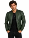 Men’s Green Genuine Leather Bomber Jacket Classic Flight Style Leather Jacket