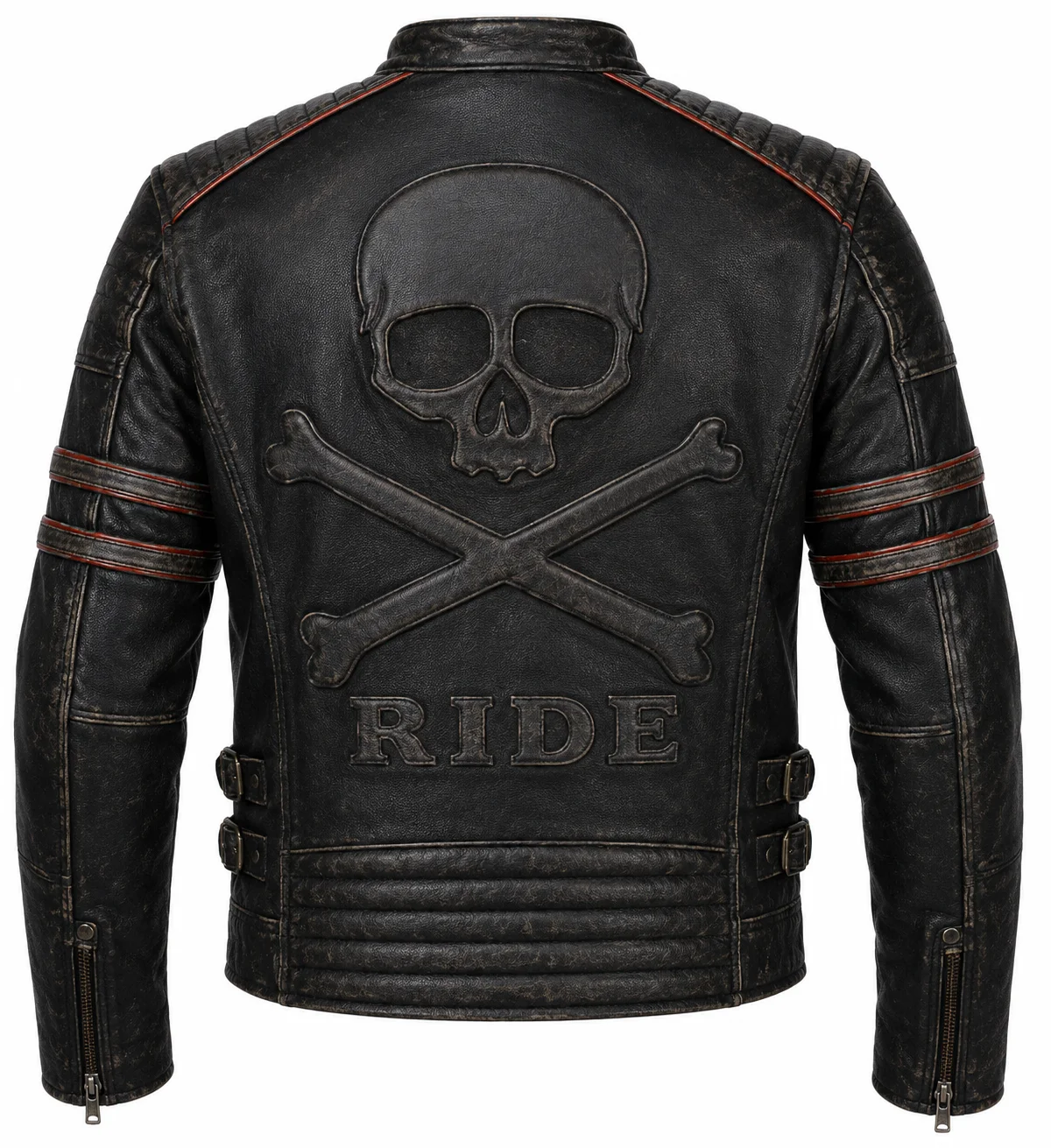Men’s Vintage Distressed Black Leather Cafe Racer Motorcycle Jacket Red Racing Stripes - Image 4