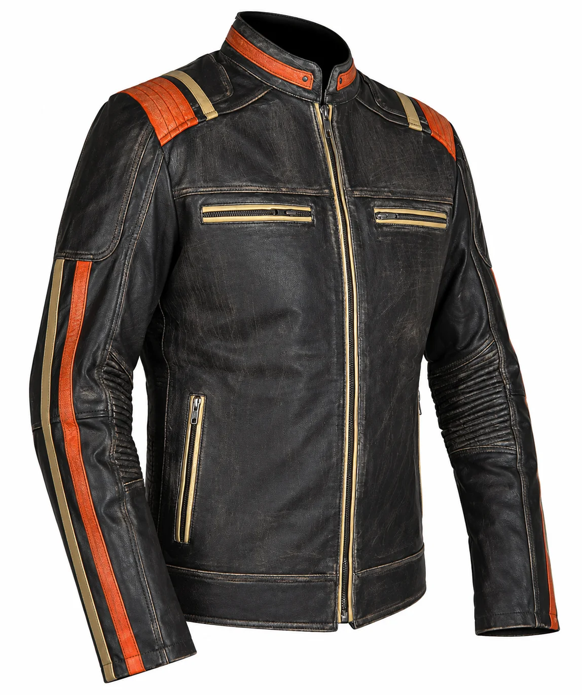 Men’s Vintage Distressed Leather Motorcycle Jacket with Orange & Gold Racing Stripes - Image 5