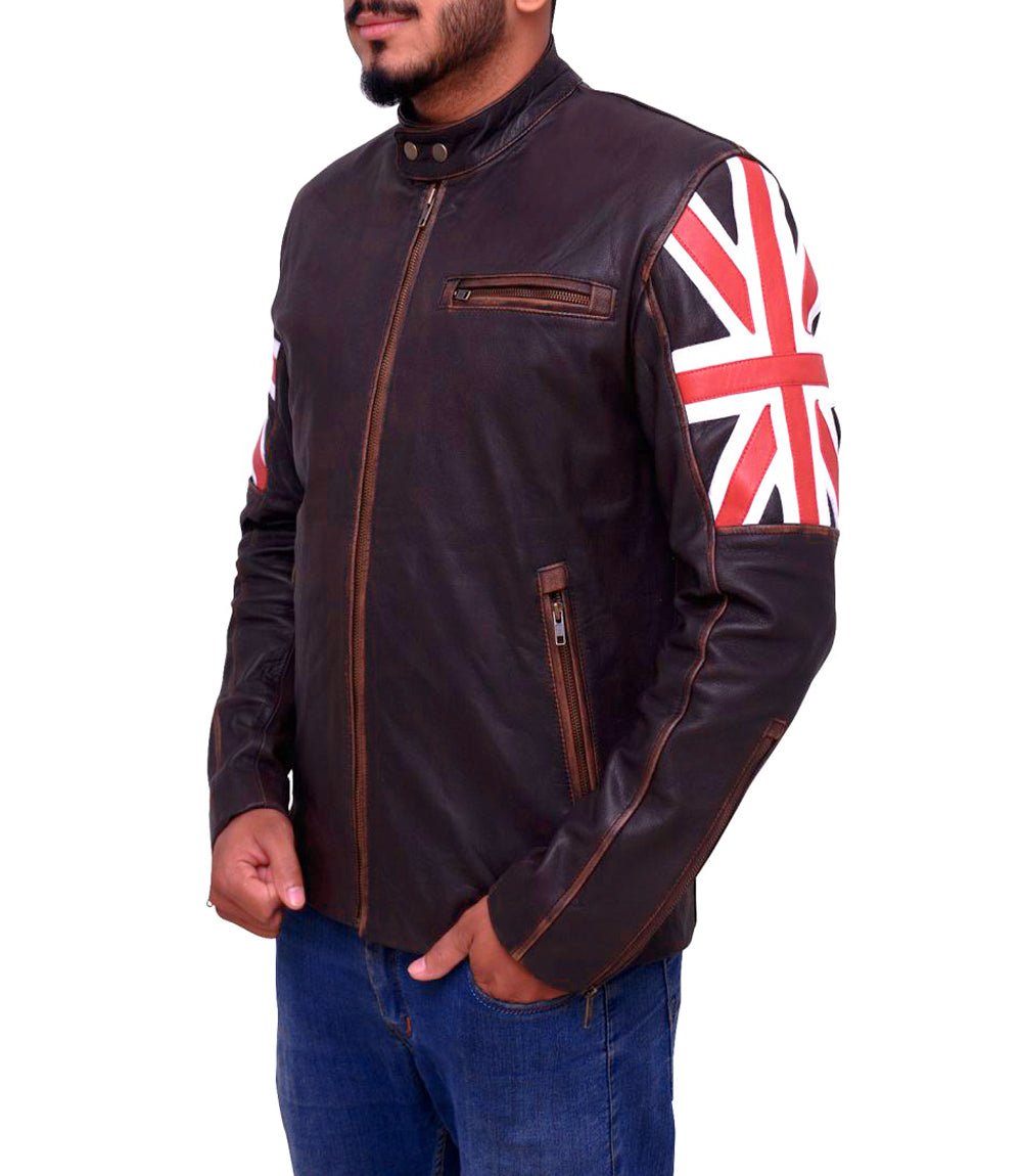 Men’s Distressed Brown Leather Jacket with Union Jack Flag Sleeves - Image 2