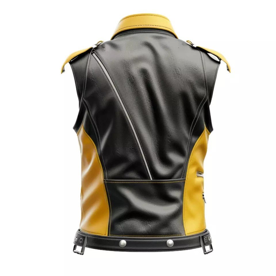 Men’s Yellow and Black Leather Biker Vest Stylish Motorcycle Leather Outerwear - Image 2