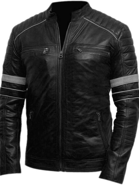 Men’s Black Leather Cafe Racer Jacket Grey Stripes & Quilted Shoulder Detailing