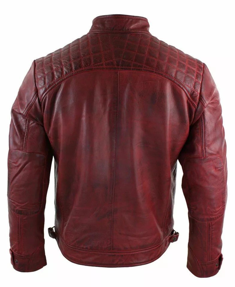 Men’s Red Distressed Leather Vintage Jacket Quilted Shoulder Details, Genuine Leather - Image 2
