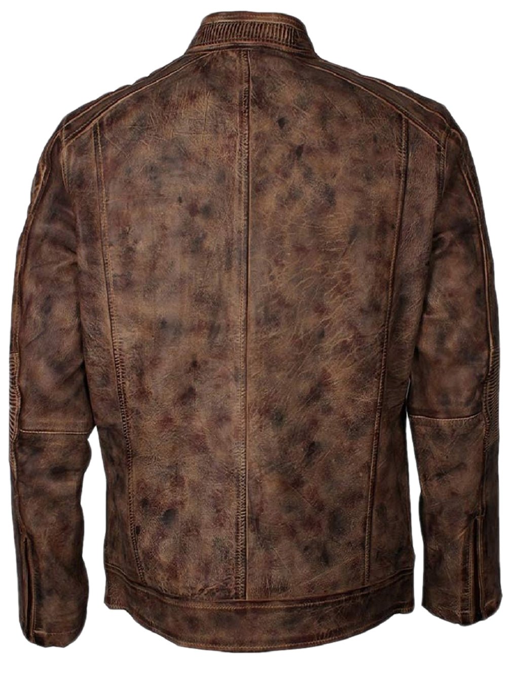 Men’s Vintage Distressed Brown Leather Cafe Racer Jacket Quilted Shoulder & Elbow Detailing, Stand-Up Collar - Image 2