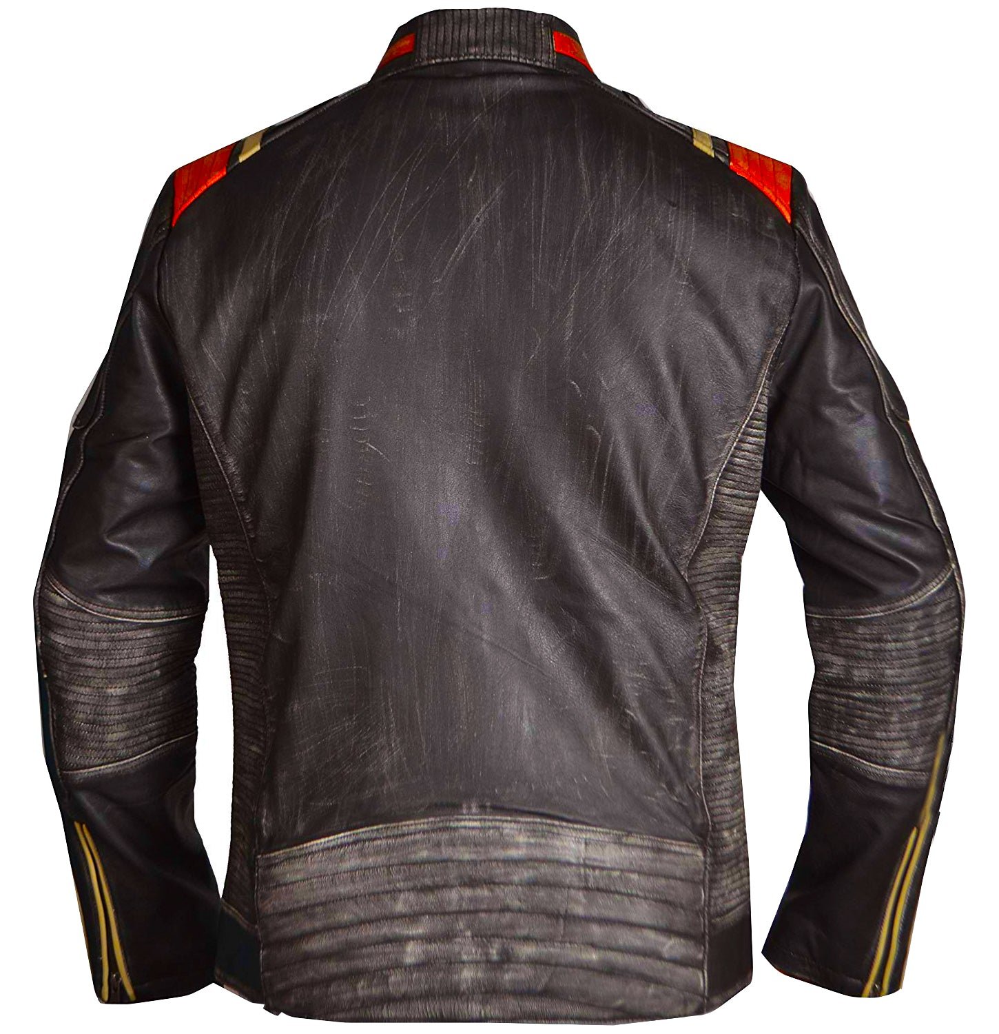Men’s Vintage Distressed Leather Motorcycle Jacket with Orange & Gold Racing Stripes - Image 2