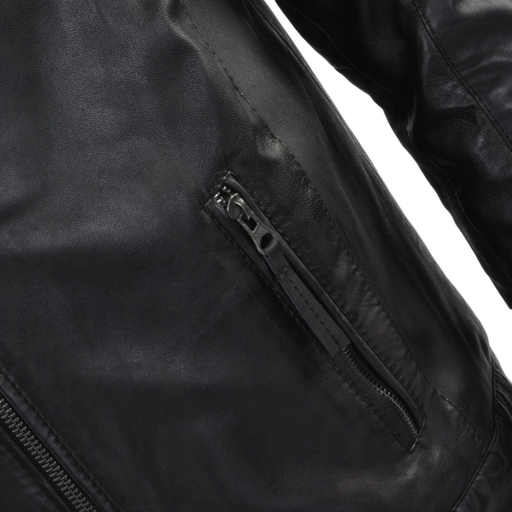 Men’s Black Leather Café Racer Jacket with White Stripes - Image 3