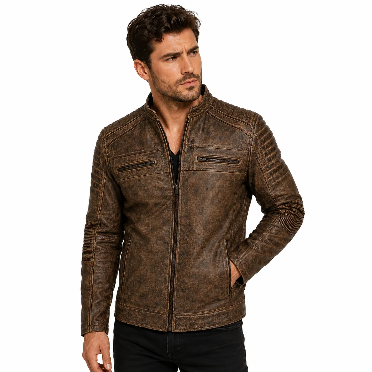 Men’s Vintage Distressed Brown Leather Cafe Racer Jacket Quilted Shoulder & Elbow Detailing, Stand-Up Collar