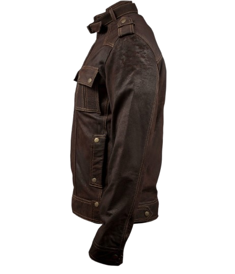 Feather Skin Slim Fit Stone-Wash Brown Leather Jacket with Strap Collar - Image 3