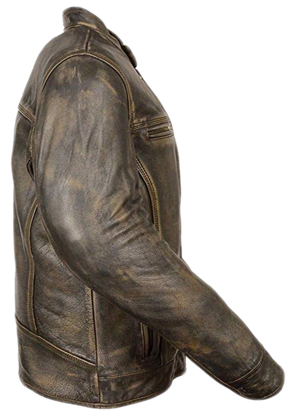 Men’s Distressed Brown Leather Cafe Racer Jacket Stand Collar & Multiple Zipper Pockets - Image 4