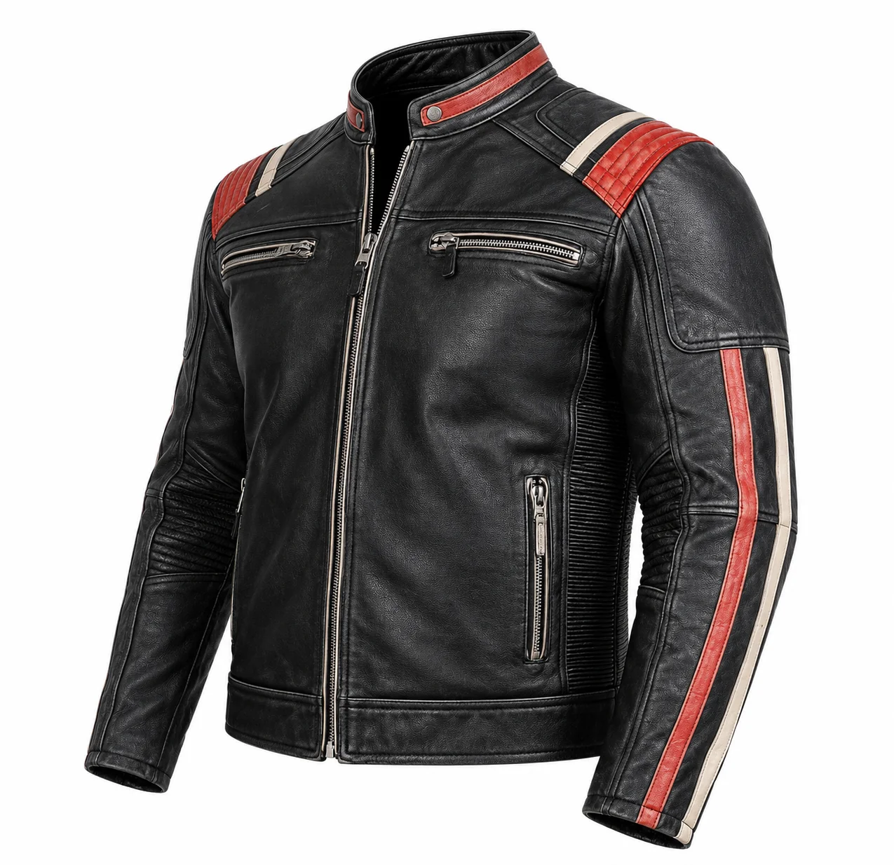 Men’s Vintage Distressed Black Leather Motorcycle Café Racer Jacket with Red & White Stripes - Image 5