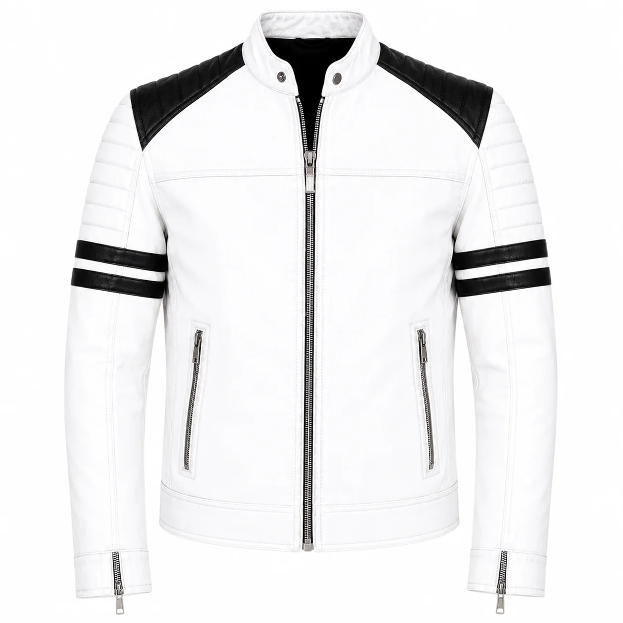 Men’s White Leather Biker Jacket with Black Stripes - Image 3