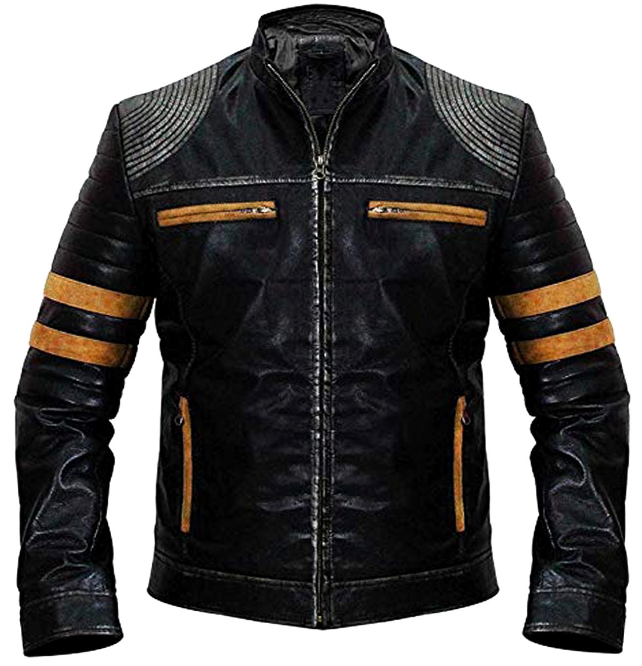 Men’s Distressed Black Leather Café Racer Jacket with Orange Stripes & Shoulder Padding Slim Fit Motorcycle Style - Image 3