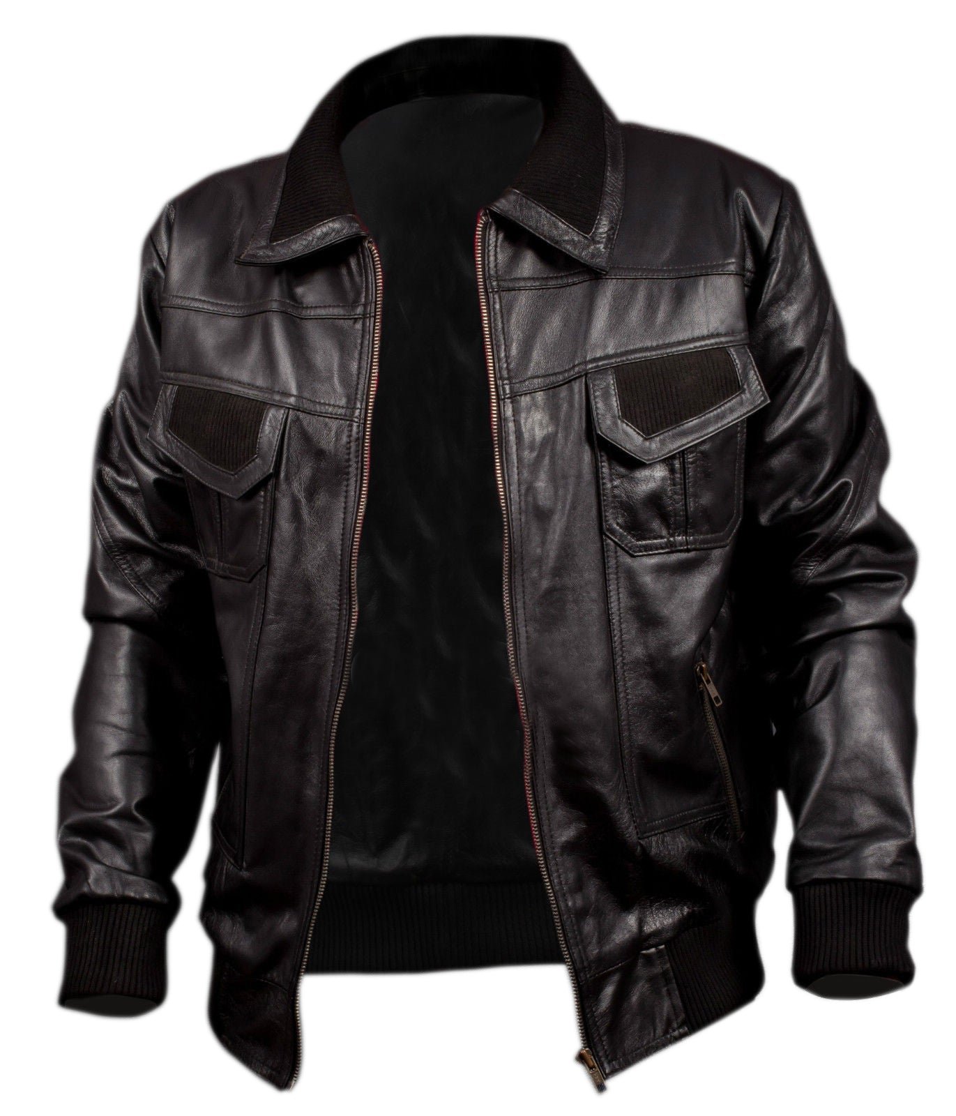 Men’s Black Leather Bomber Jacket Shirt Collar with Ribbed Cuffs - Image 3