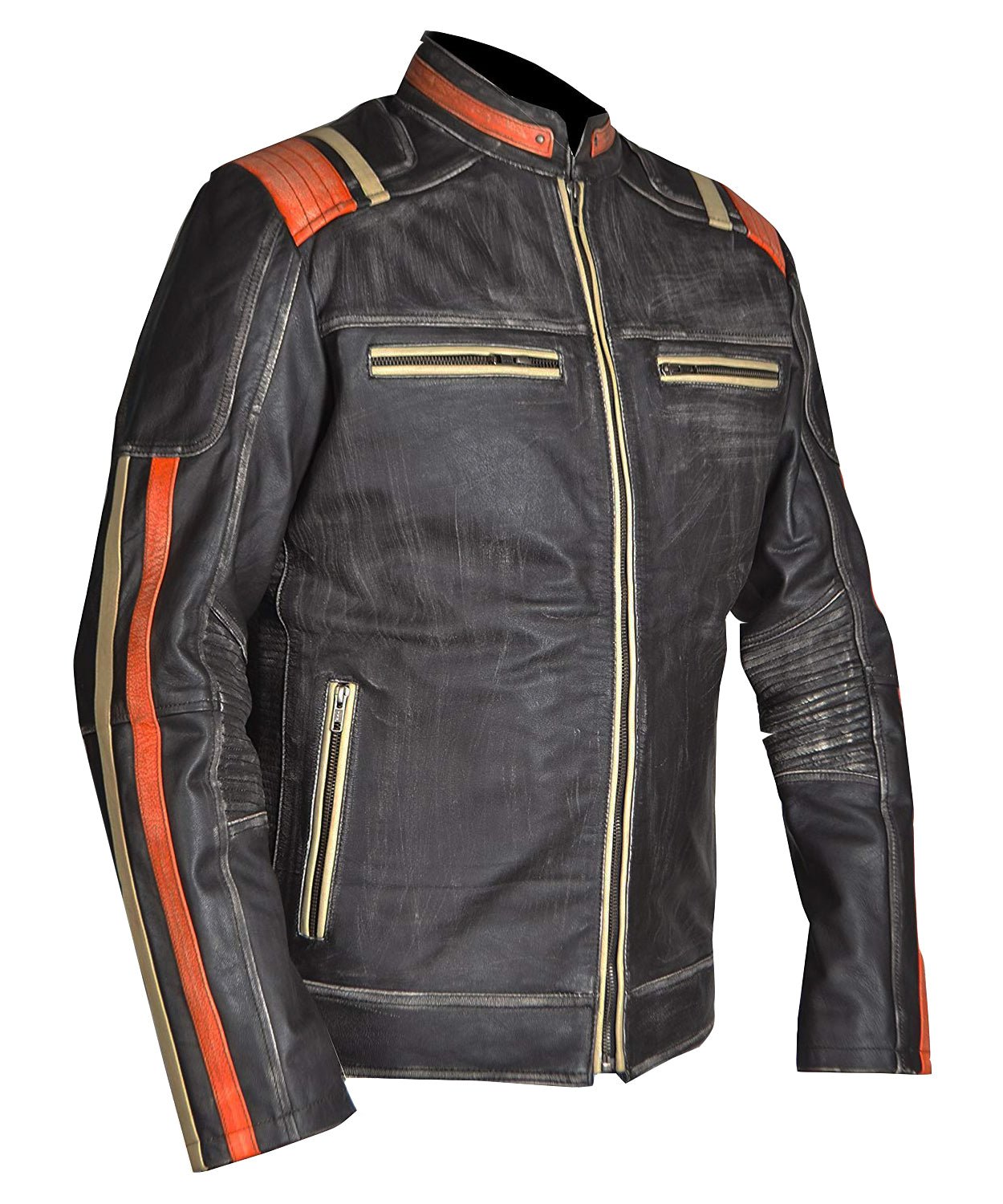 Men’s Vintage Distressed Leather Motorcycle Jacket with Orange & Gold Racing Stripes - Image 3