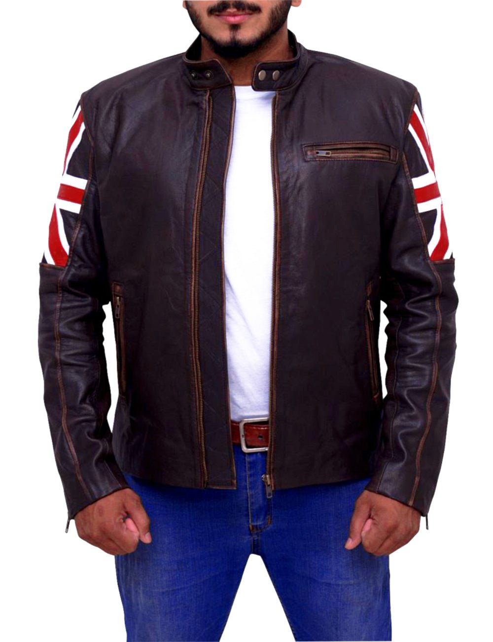 Men’s Distressed Brown Leather Jacket with Union Jack Flag Sleeves - Image 3