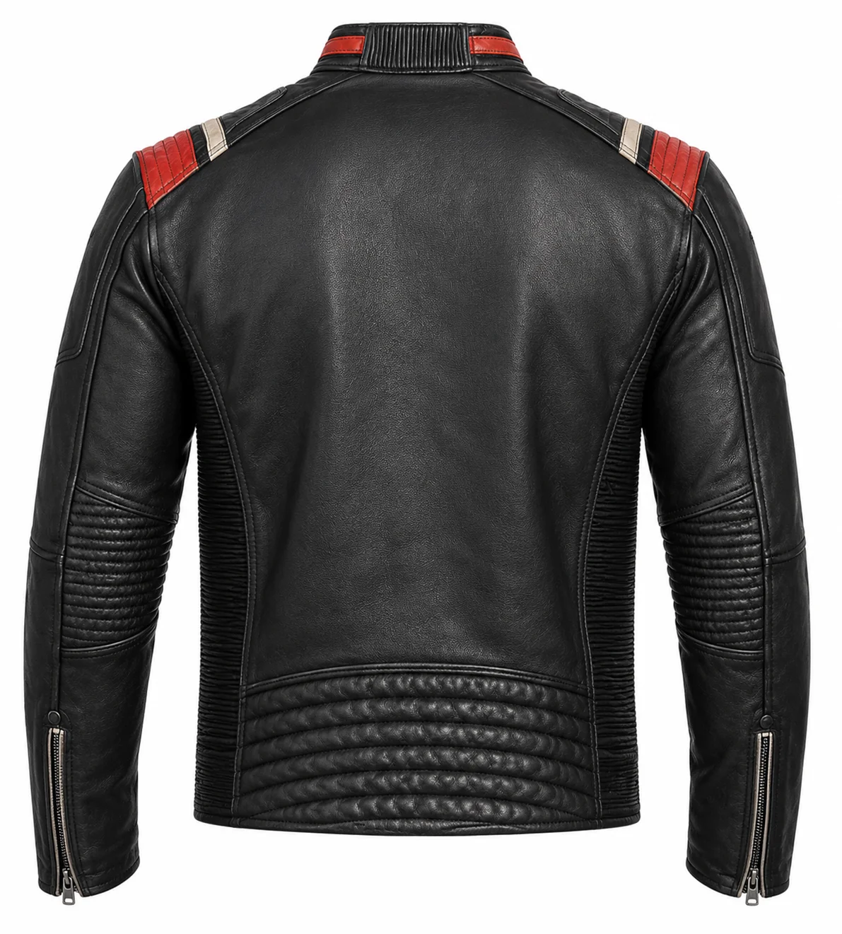 Men’s Vintage Distressed Black Leather Motorcycle Café Racer Jacket with Red & White Stripes - Image 4