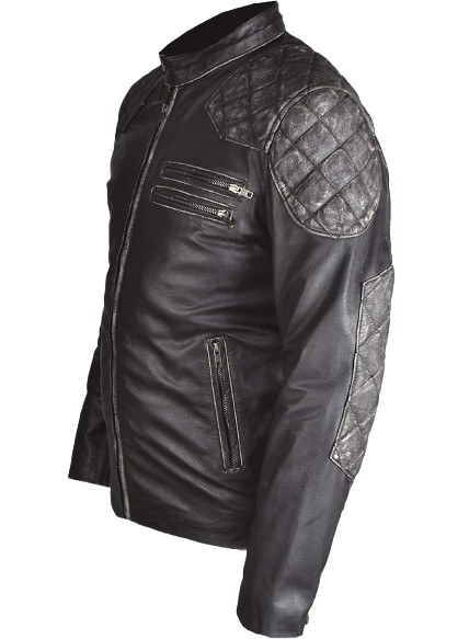 Men’s Black Distressed Genuine Leather Biker Jacket Quilted Shoulder Design - Image 3