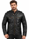 Men’s Black Genuine Leather Cafe Racer Motorcycle Biker Jacket with Gold-Tone Zippers, Quilted Sleeves & Shoulder Epaulettes