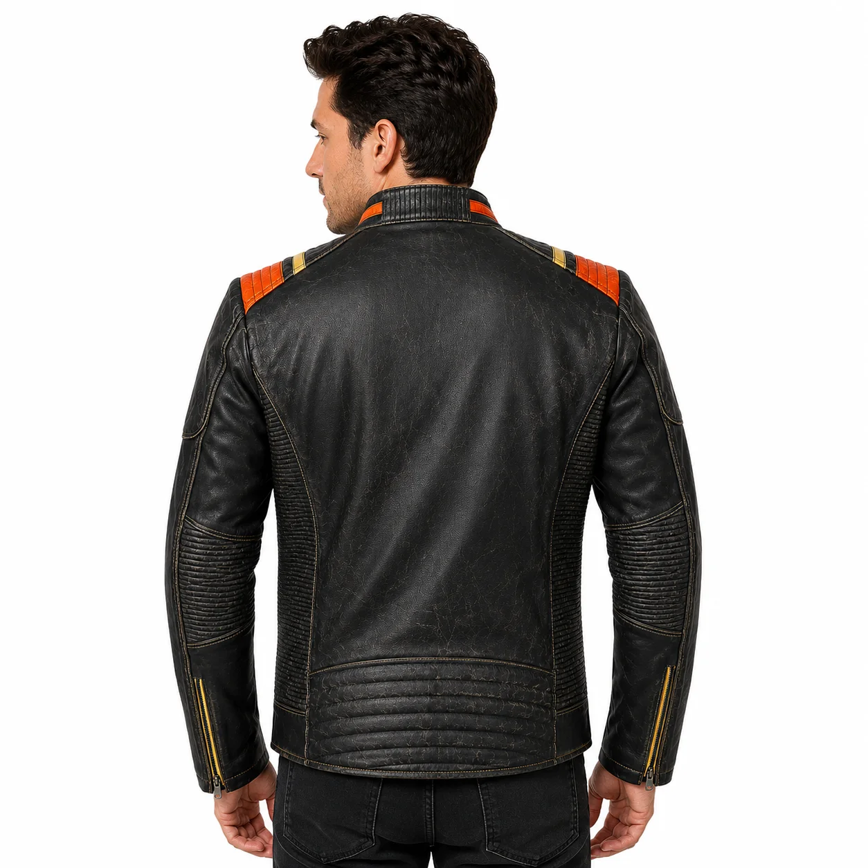 Men’s Vintage Distressed Leather Motorcycle Jacket with Orange & Gold Racing Stripes - Image 2