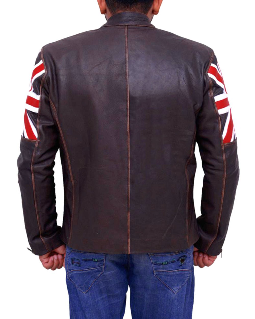 Men’s Distressed Brown Leather Jacket with Union Jack Flag Sleeves - Image 4