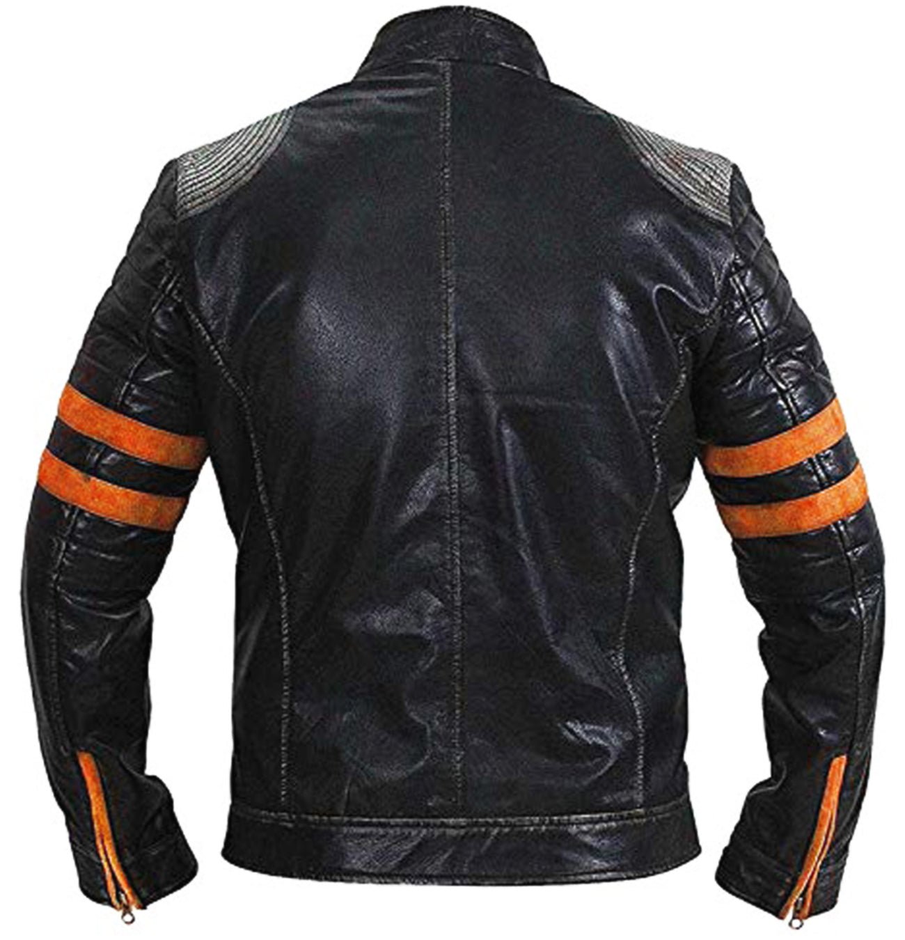 Men’s Distressed Black Leather Café Racer Jacket with Orange Stripes & Shoulder Padding Slim Fit Motorcycle Style - Image 4