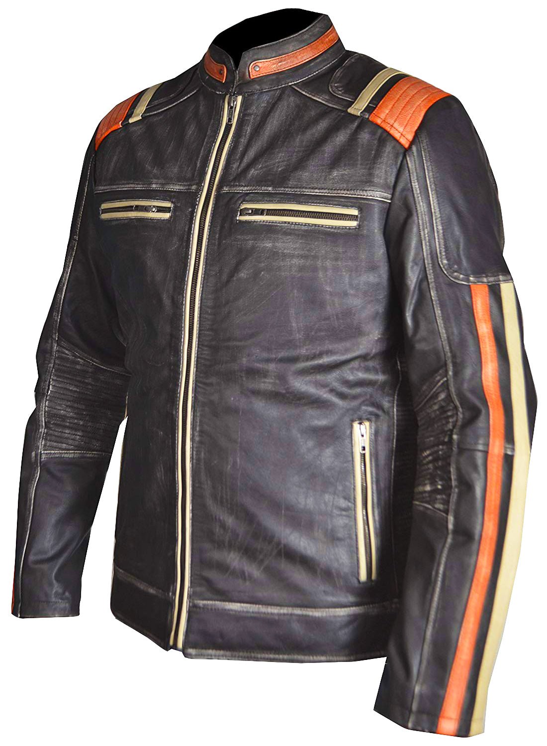 Men’s Vintage Distressed Leather Motorcycle Jacket with Orange & Gold Racing Stripes - Image 4