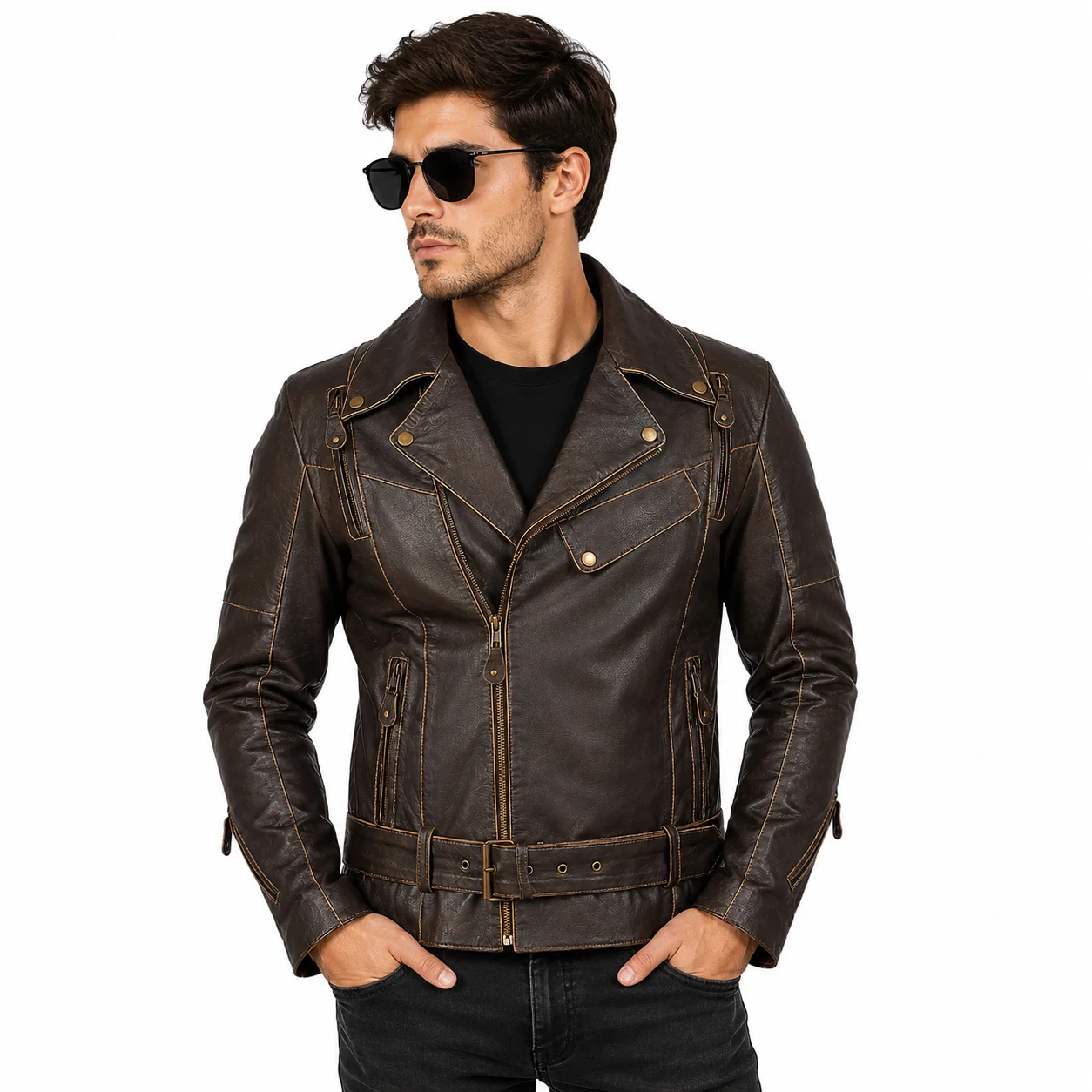 Men’s Vincent Brown Leather Biker Jacket Classic Motorcycle Style Jacket