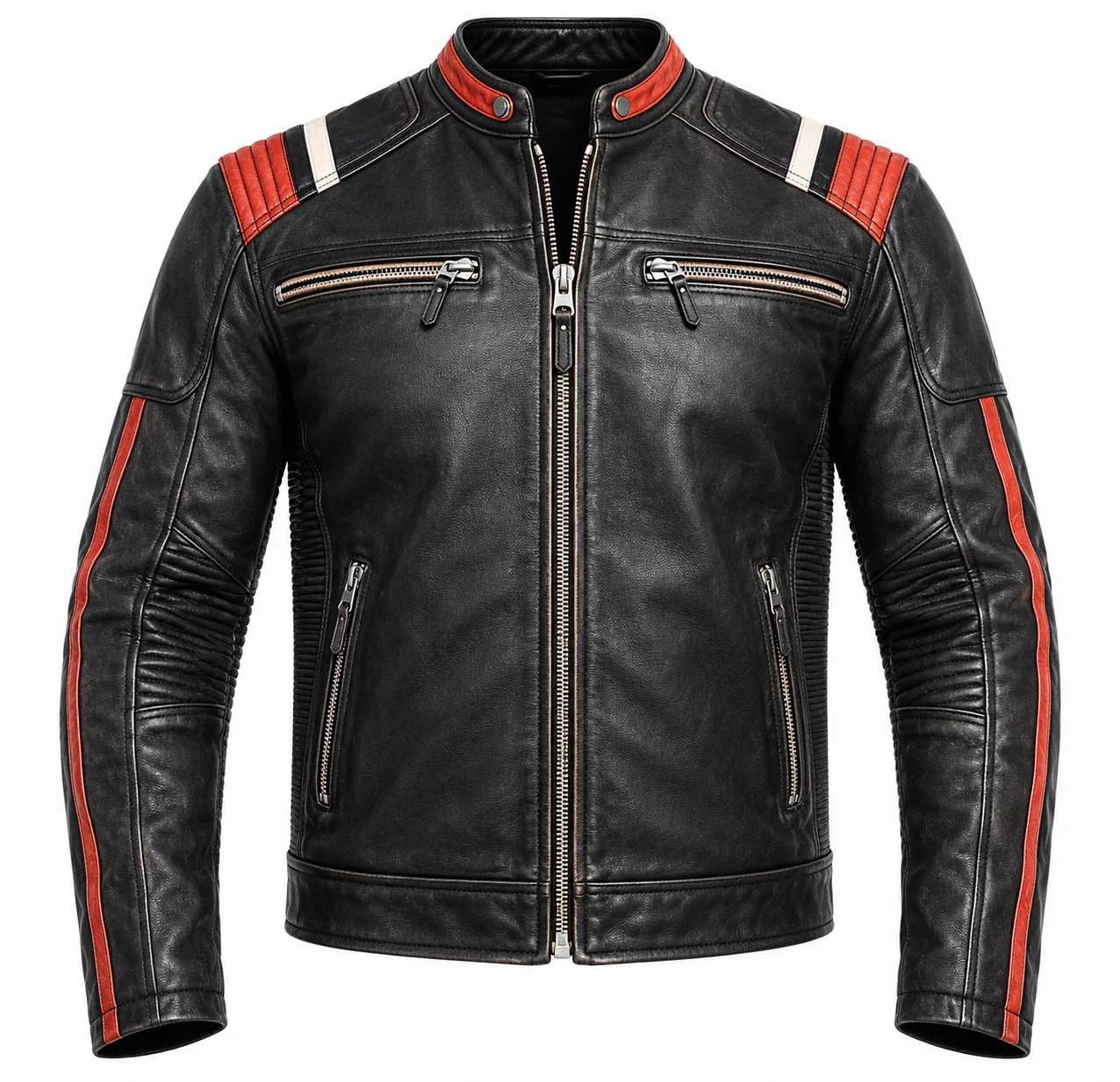 Men’s Vintage Distressed Black Leather Motorcycle Café Racer Jacket with Red & White Stripes - Image 3