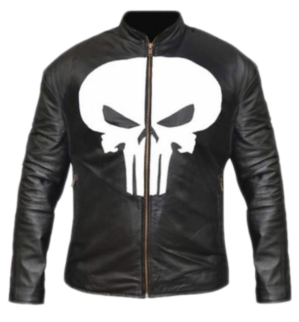 Men’s Black Leather/Faux Leather Punisher Jacket Iconic White Skull Logo