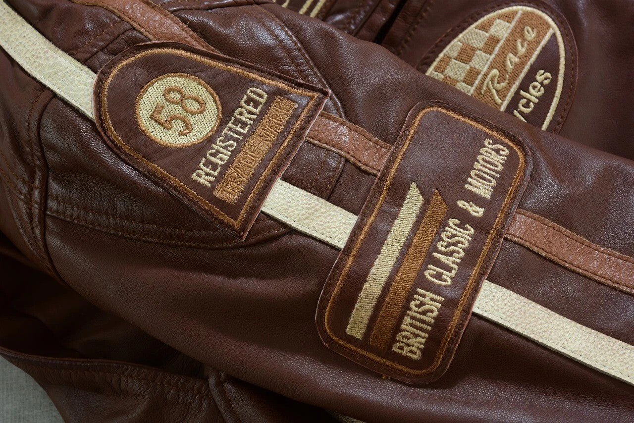 Brown Waxed Leather Motorcycle Jacket with British Badges & Racing Stripes - Image 5