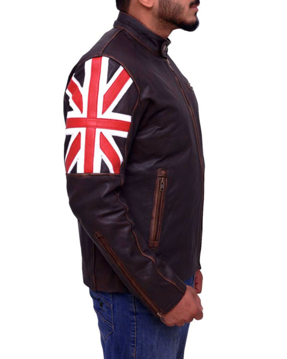 Men’s Distressed Brown Leather Jacket with Union Jack Flag Sleeves - Image 5