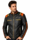Men’s Vintage Distressed Leather Motorcycle Jacket with Orange & Gold Racing Stripes