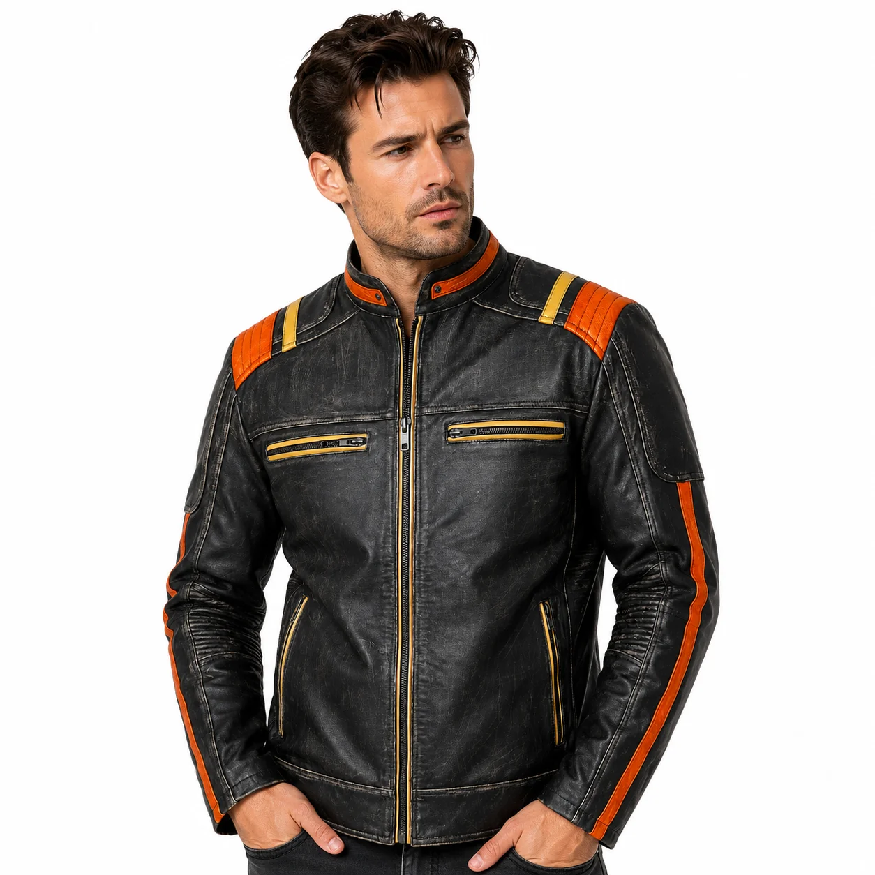 Men’s Vintage Distressed Leather Motorcycle Jacket with Orange & Gold Racing Stripes