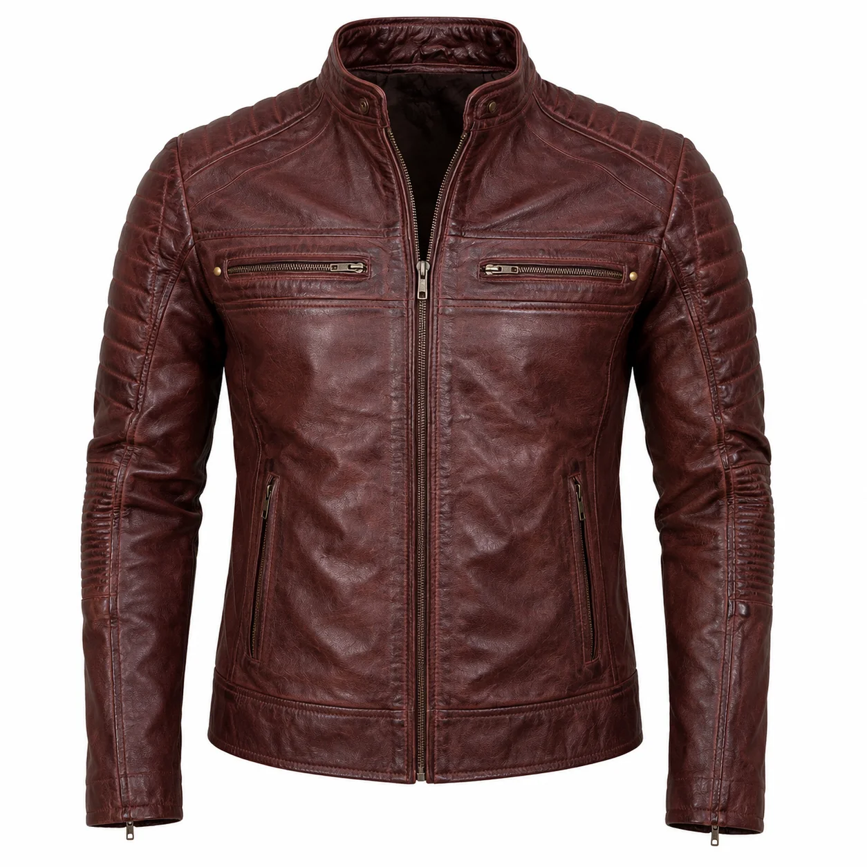 Men’s Vintage Brown Quilted Biker Leather Jacket - Image 3