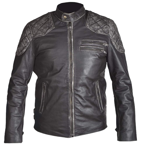 Men’s Black Distressed Genuine Leather Biker Jacket Quilted Shoulder Design
