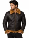 Men’s Brown B3  Shearling Sheepskin Leather Bomber Jacket Fur Collar & Cuffs