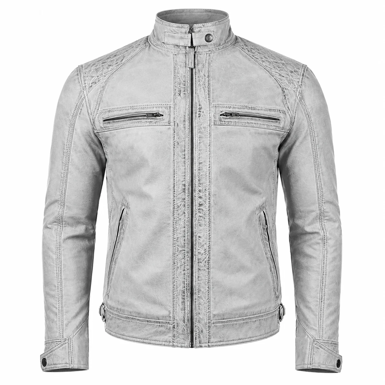 Men’s Vintage Distressed Genuine Leather Cafe Racer Jacket - Image 3
