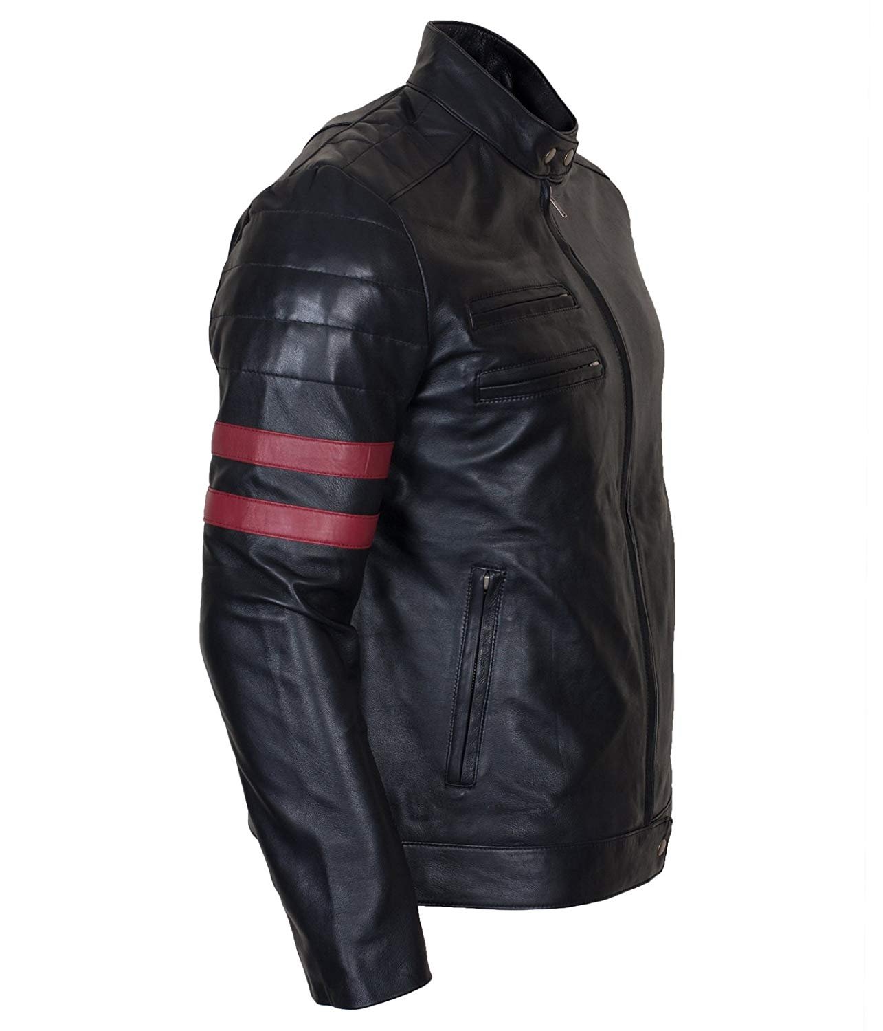 Men’s Black Leather Biker Jacket with Red Racing Stripes Genuine Leather Motorcycle Jacket - Image 2