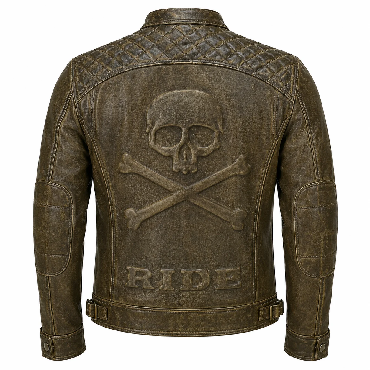 Men’s Vintage Biker Leather Jacket Quilted Shoulders with Stand Collar - Image 4