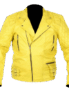 Men’s Yellow Leather Biker Jacket Quilted Shoulders, Asymmetrical Zip & Buckle Waist
