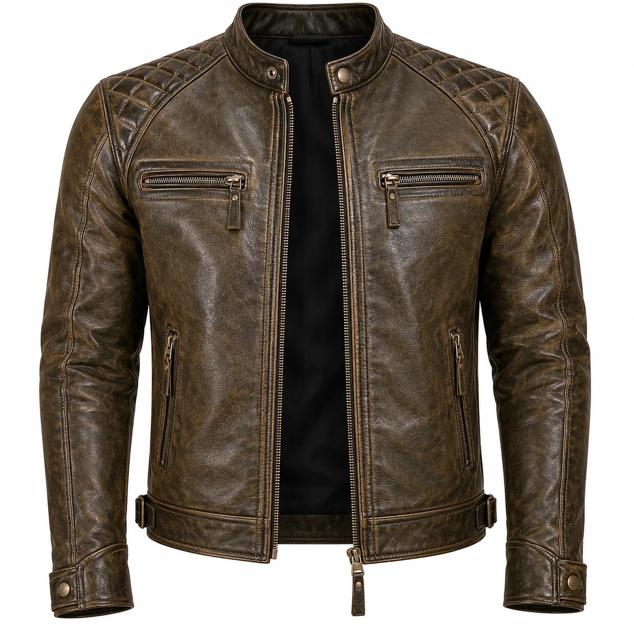 Men’s Vintage Biker Leather Jacket Quilted Shoulders with Stand Collar - Image 3