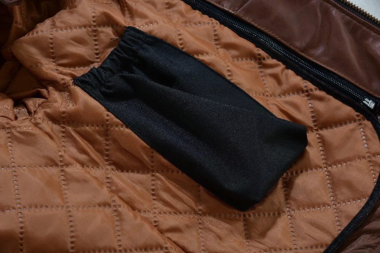 Brown Waxed Leather Motorcycle Jacket with British Badges & Racing Stripes - Image 7