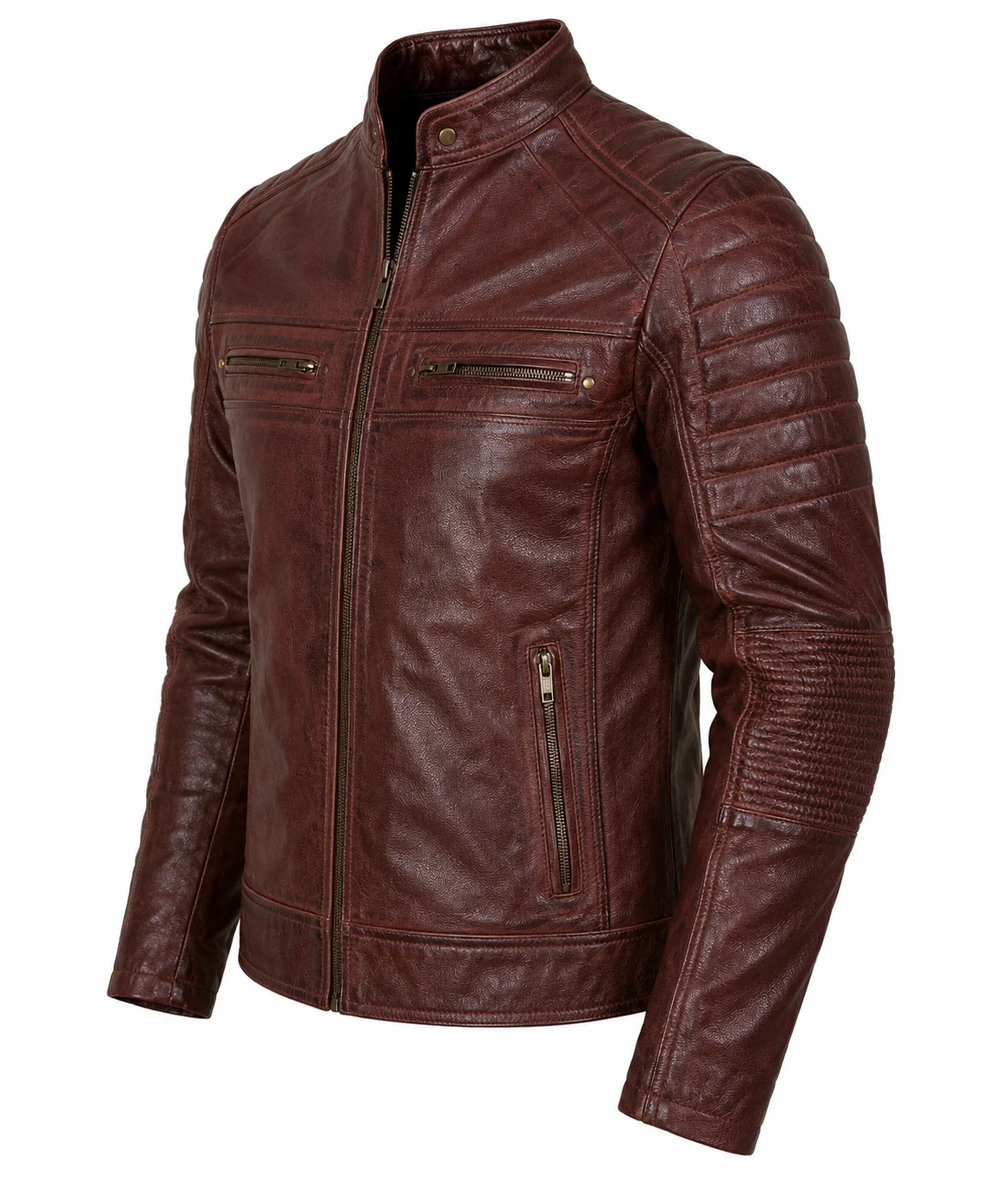 Men’s Vintage Brown Quilted Biker Leather Jacket - Image 5
