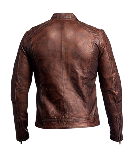 Men’s Distressed Brown Real Leather Cafe Racer Motorcycle Jacket - Image 3