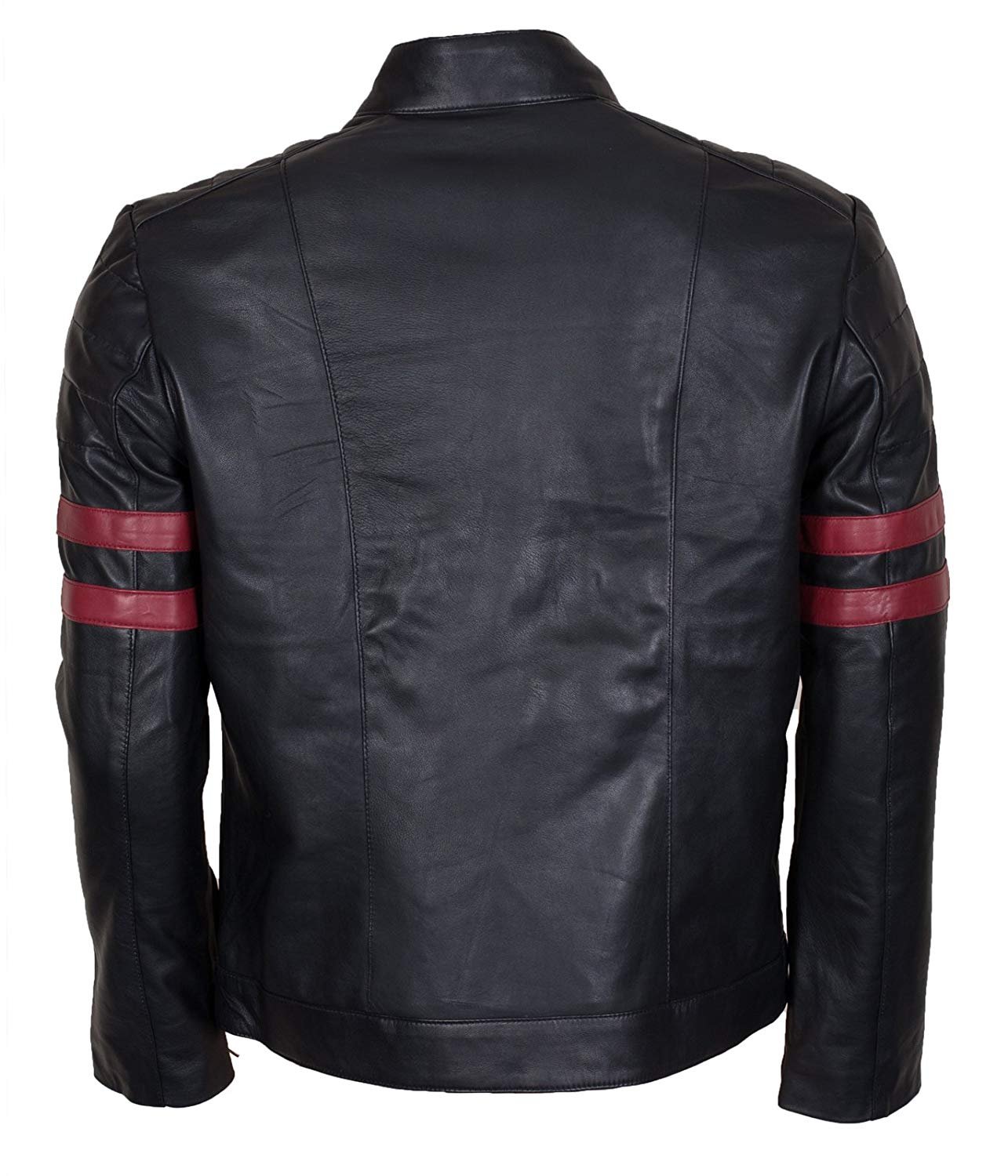 Men’s Black Leather Biker Jacket with Red Racing Stripes Genuine Leather Motorcycle Jacket - Image 4