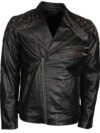 Men’s Skull Embossed Distressed Black Leather Motorcycle Jacket Gothic Biker Style