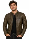 Men’s Vintage Biker Leather Jacket Quilted Shoulders with Stand Collar