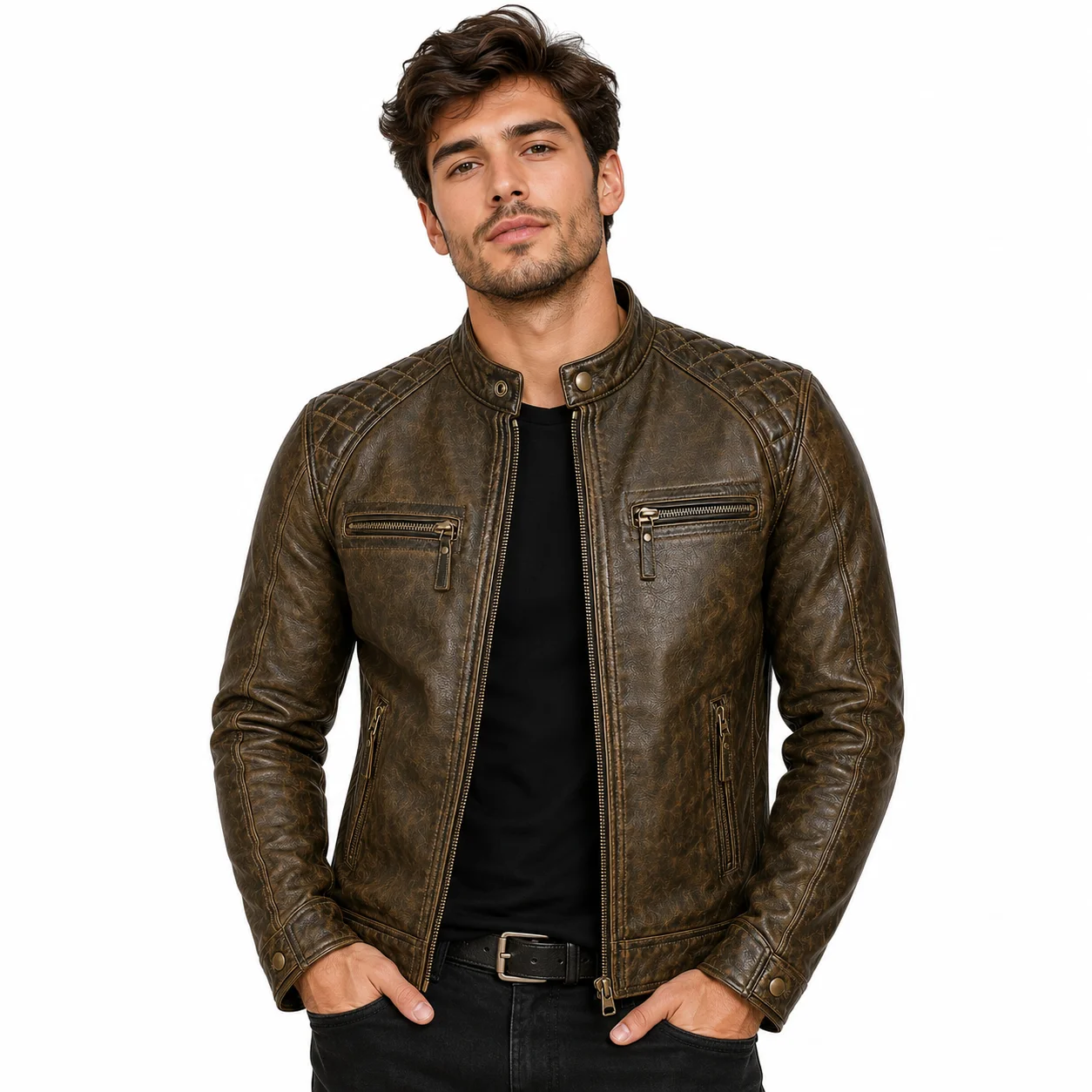 Men’s Vintage Biker Leather Jacket Quilted Shoulders with Stand Collar